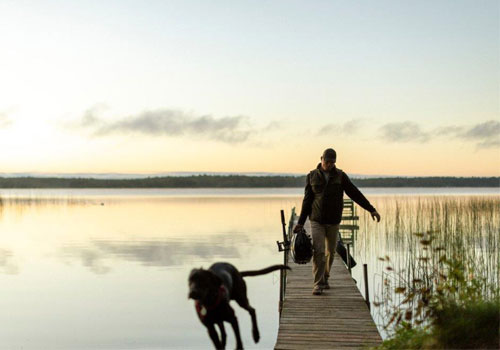 Dog man on dock outboard engine